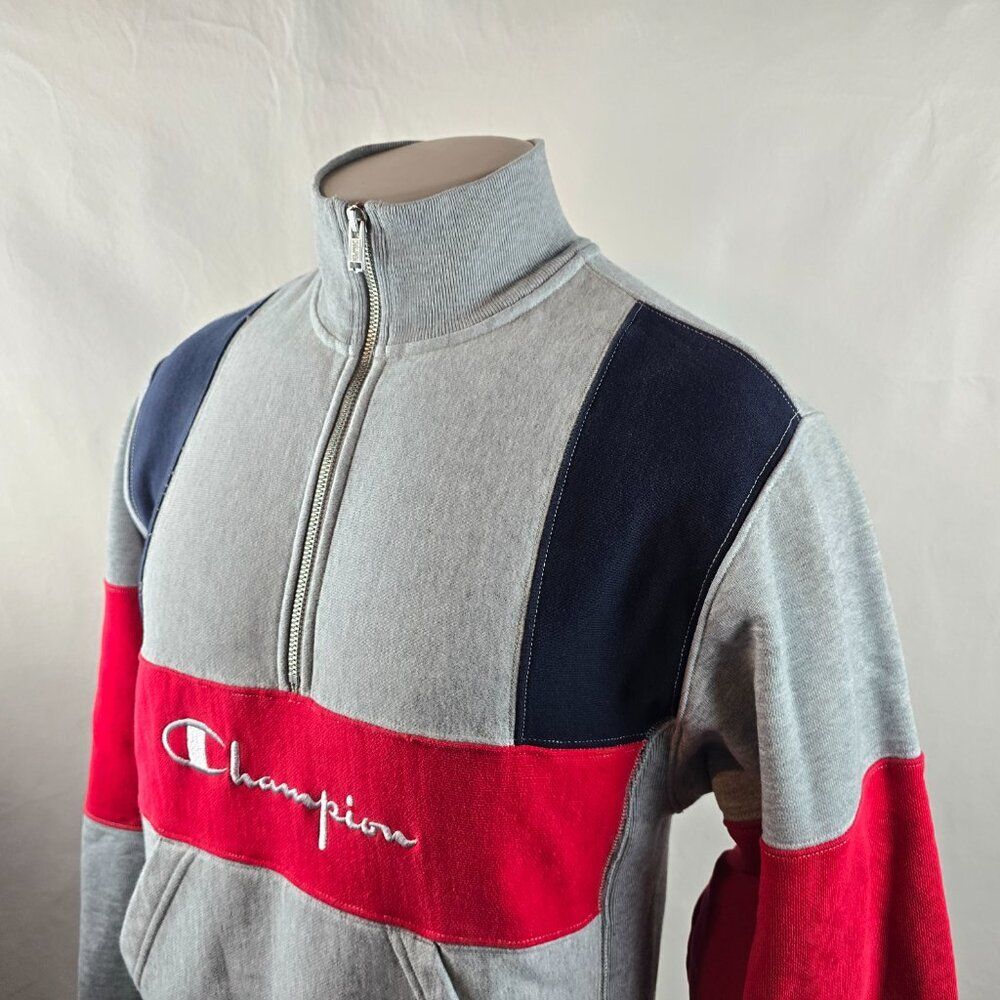 Champion Reverse Weave Mens Small Gray Red Navy Pullover Quarter Zip Sweatshirt - Picture 5 of 9